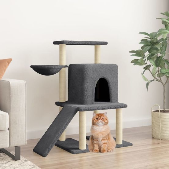 Arbre à chat complet sisal avec niche échelle et panier gris foncé 96,5 cm