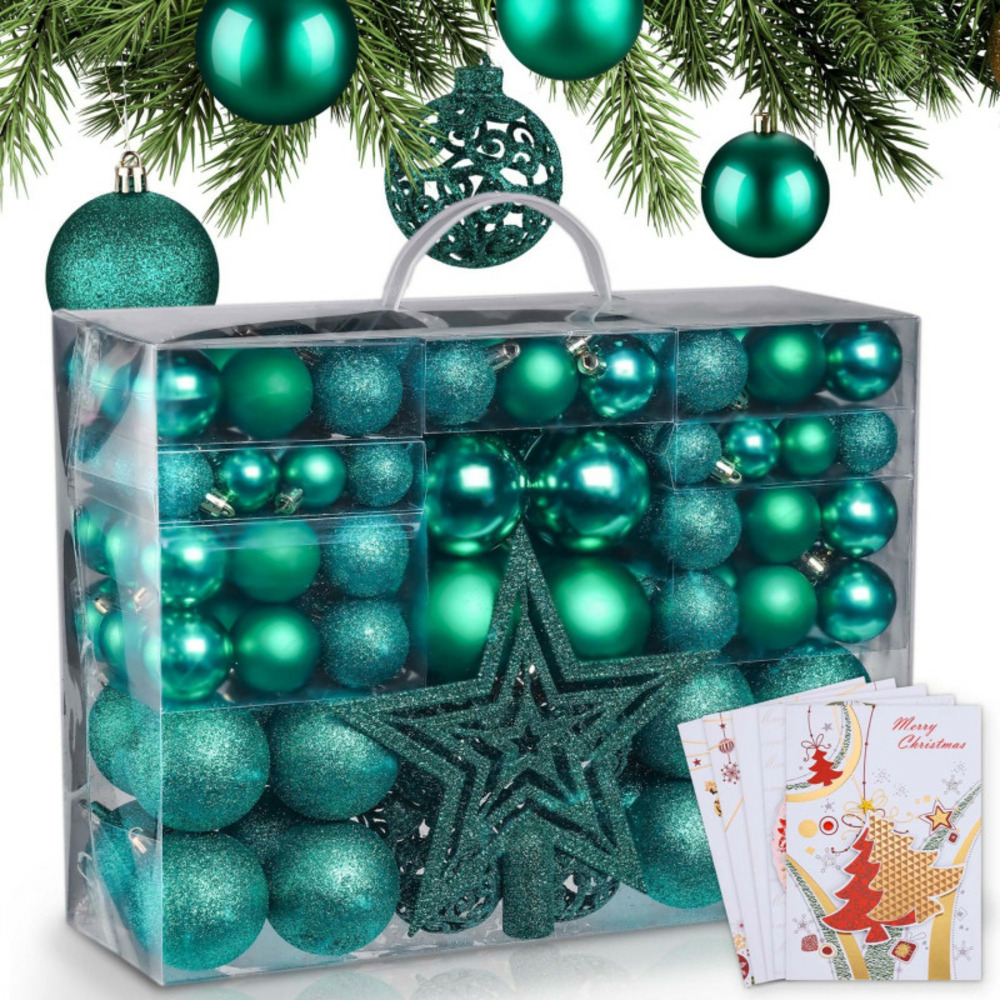 Boules de noël vertes décorations de sapin coffret de 128 pièces inclus ètoile de sapin-5 cartes