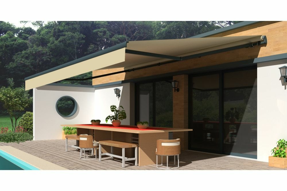 Store banne monobloc easy gris anthracite4x3m motorisé à télécommande - toile ecrue