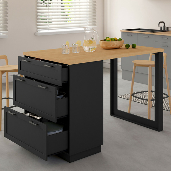 Ilot central mange-debout 4 personnes vito 130 cm casserolier 3 tiroirs noir et plateau bois