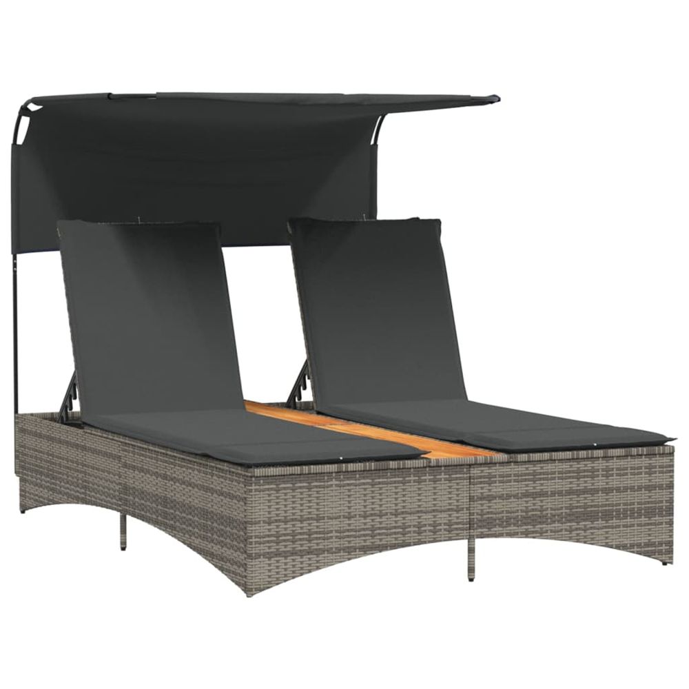 Chaise longue double et auvent et coussins gris résine tressée bain de soleil