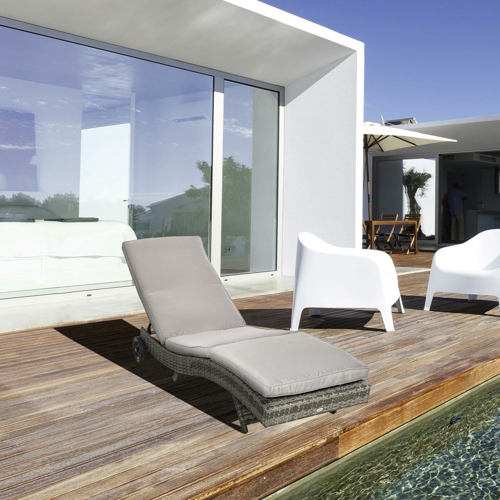 Bain de soleil transat grand confort - dossier inclinable 5 positions roulettes - matelas déhoussable inclus - résine tressée grise