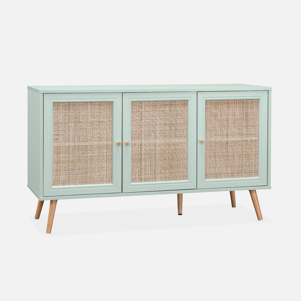 Buffet de rangement en cannage 120x39x70cm - 2 niveaux - 3 portes - pieds scandinaves - buffet bas