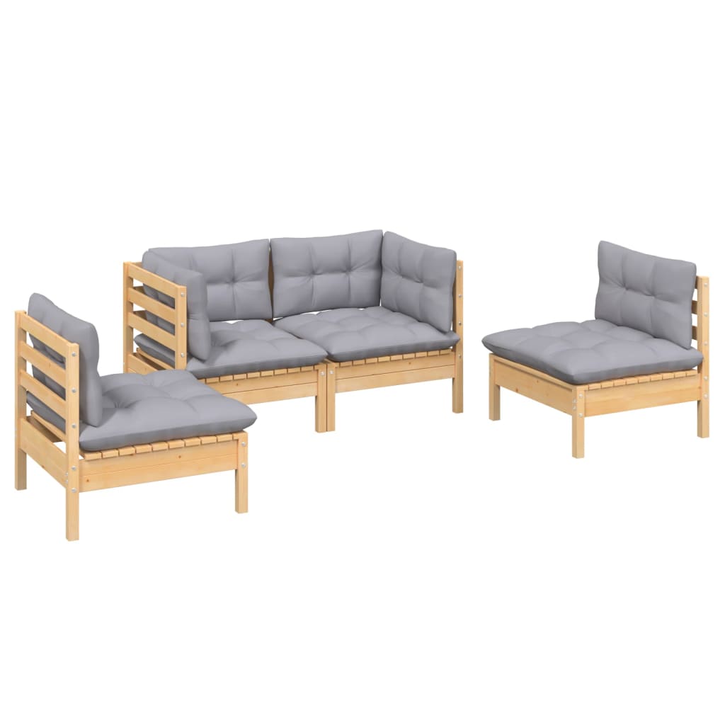Salon de jardin meuble d'extérieur ensemble de mobilier 4 pièces avec coussins gris bois de pin massif