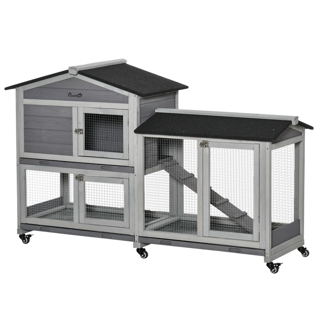 Grande villa clapier bois extérieur sur roulettes 2 étages 3 plateaux gris
