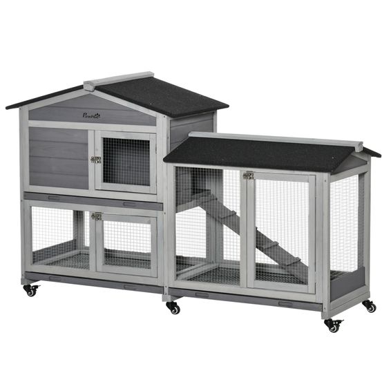Grande villa clapier bois extérieur sur roulettes 2 étages 3 plateaux gris
