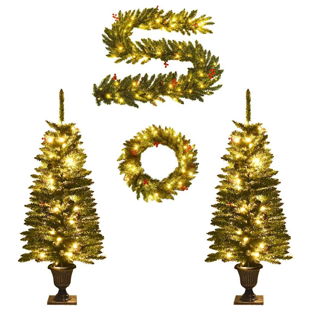 Arbres de noël artificiels 2 pcs et couronne, guirlande et led