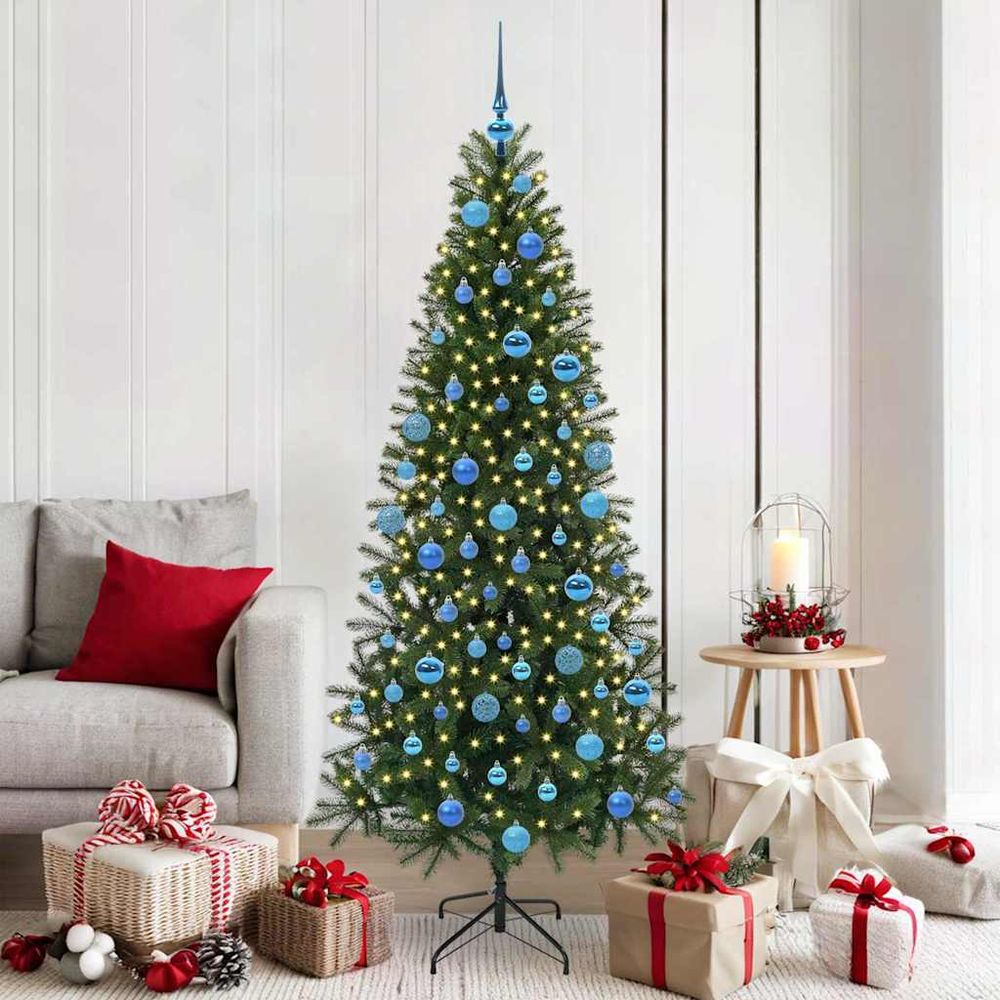 Sapin artificiel lumineux 180cm, kit complet prêt à installer avec 120 boules vertes