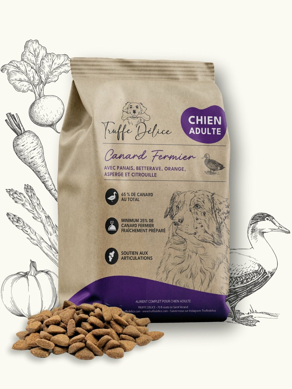 Croquettes chien adulte - canard fermier