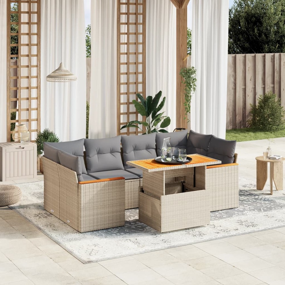 Salon de jardin avec coussins 7 pcs beige résine tressée