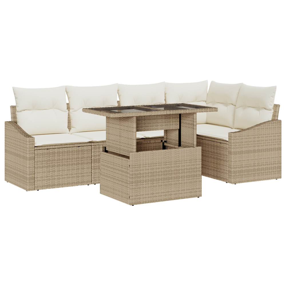 Ensemble de canapé de jardin 6 pièces avec coussins beige en rattan synthétique