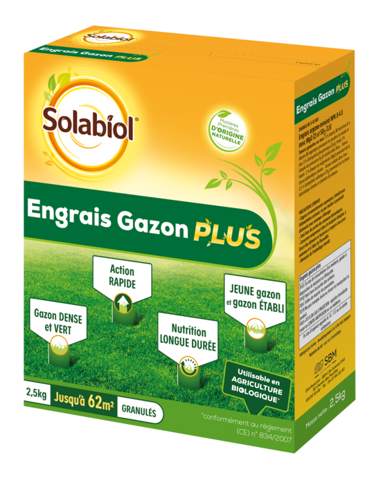 Solabiol engrais gazon plus - 2,5 kg - granulés - jusqu'à 62m² - nutrition longue durée - gazon dense & vert - action rapide - UAB