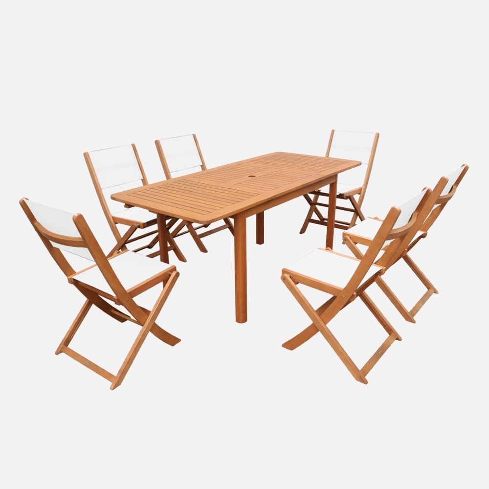 Table de jardin extensible bois d'eucalyptus + 6 assises 120/180cm - arbo + almeria