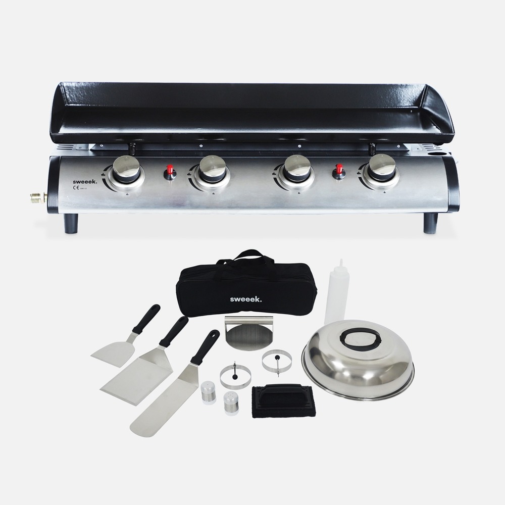 Plancha au gaz 4 feux, porthos 4 brûleurs, 10 kw barbecue grande plaque émaillée inox avec ustensiles