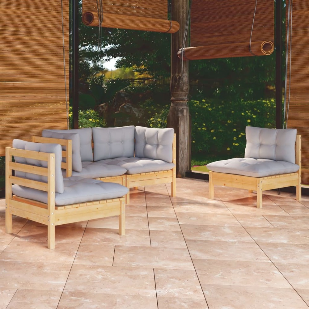 Salon de jardin 4 pcs avec coussins gris bois de pin massif