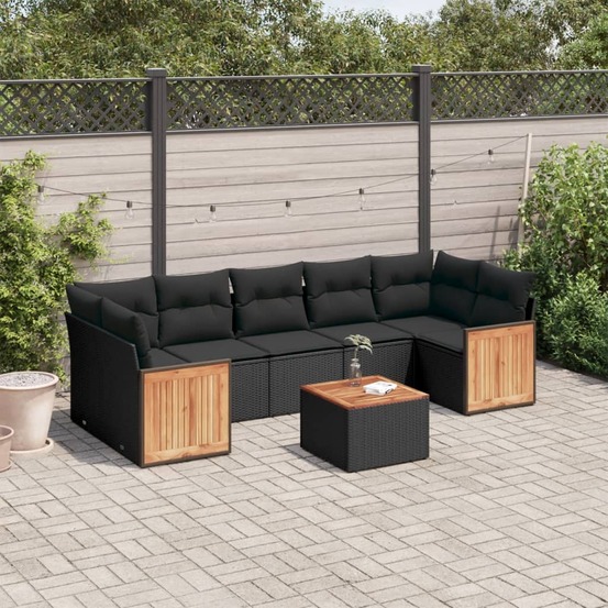 Salon de jardin 8 pcs avec coussins noir résine tressée