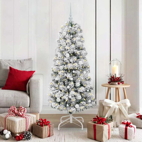 Sapin de noël artificiel 150 cm prêt à décorer, avec 61 boules et guirlande lumineuse led
