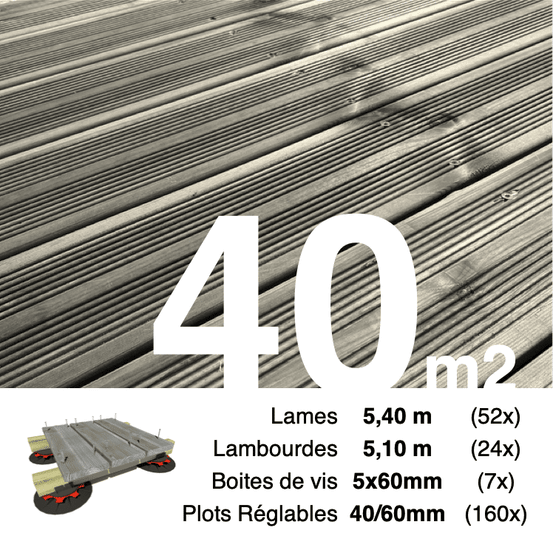 Kit complet terrasse pin autoclave gris pour 40 m², lames 5,4 m, lambourdes 5,1 m, plots réglables et visserie inox.