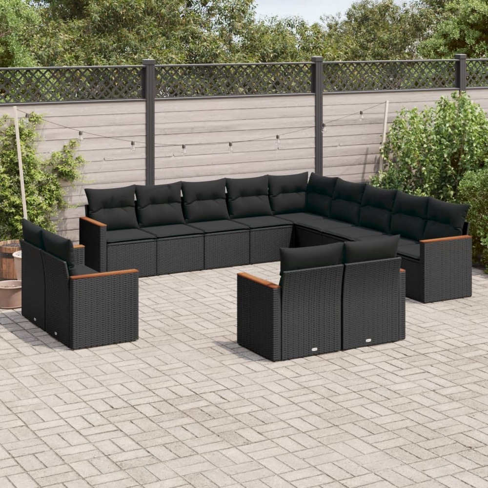 Salon de jardin avec coussins 13 pcs noir résine tressée