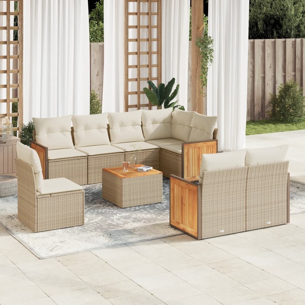 Salon de jardin avec coussins 9 pcs beige résine tressée