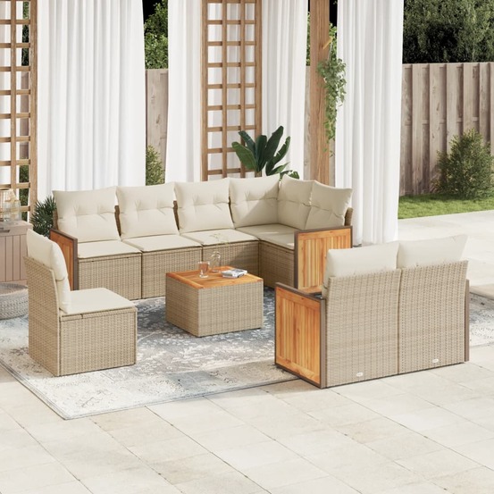 Salon de jardin avec coussins 9 pcs beige résine tressée