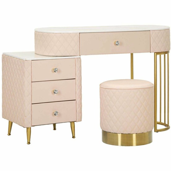 Coiffeuse effet matelassé avec tabouret sharon rose et doré