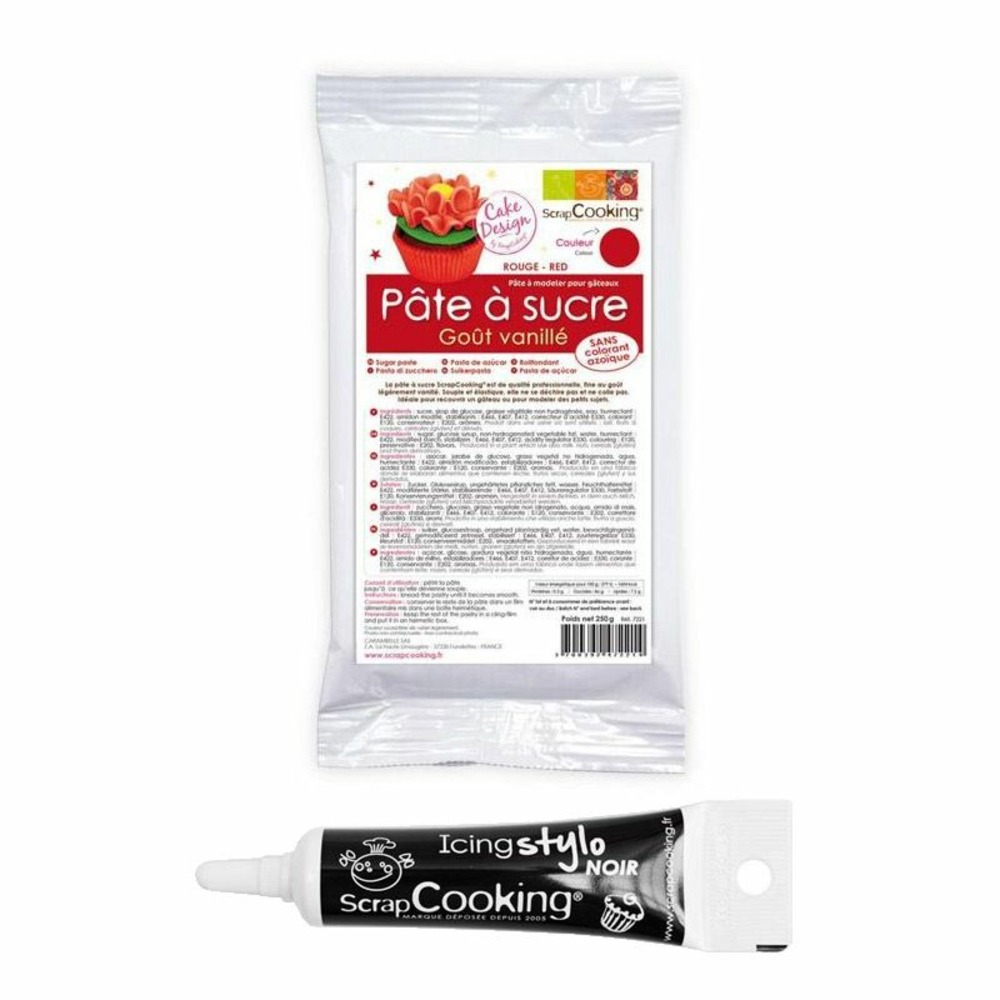 Pâte à sucre rouge 250 g + stylo de glaçage noir