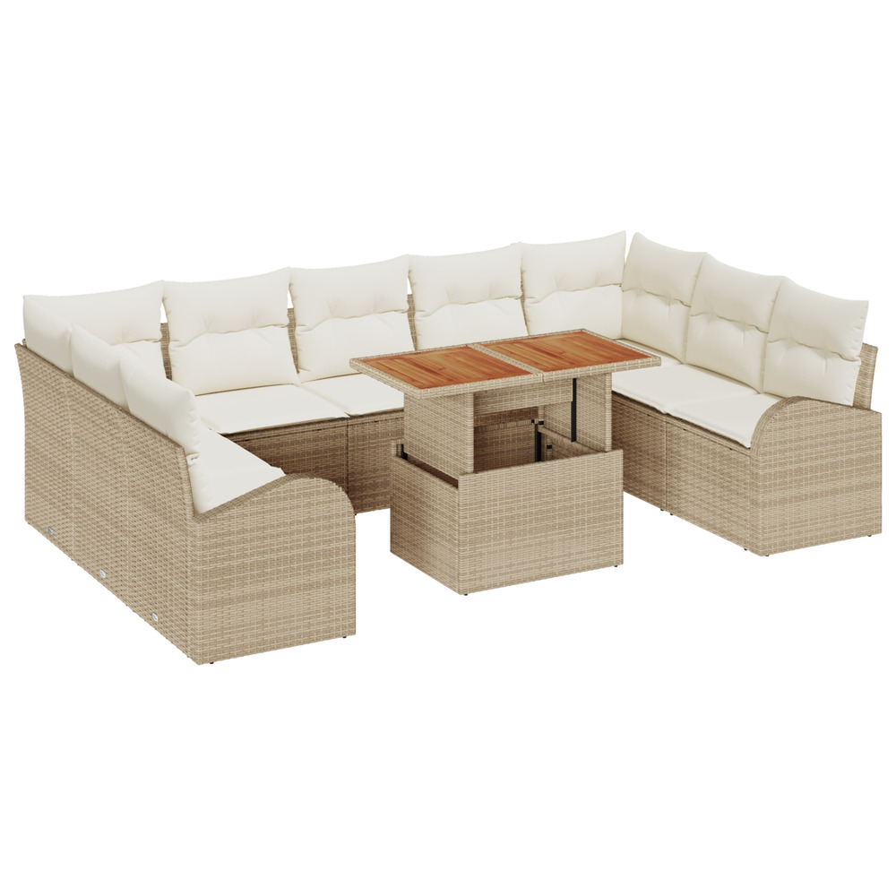 Ensemble de salle à manger de jardin de 10 pièces avec coussins beige poly rotin acacia