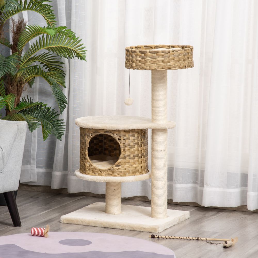 Arbre à chat design rotin pe sisal niche griffoir 95cm beige - comfortxl pet living
