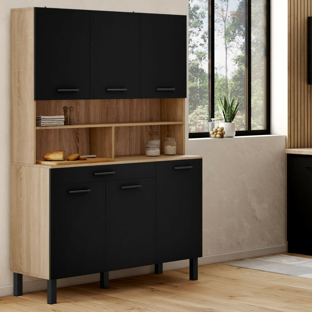 Buffet de cuisine 120 cm cina 6 portes + tiroir façon hêtre et noir