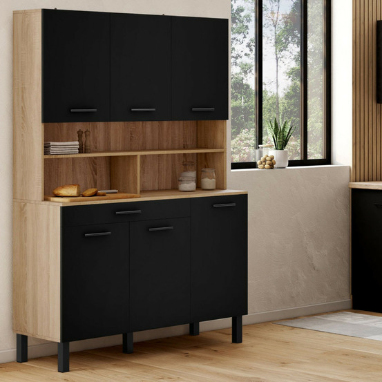 Buffet de cuisine 120 cm cina 6 portes + tiroir façon hêtre et noir