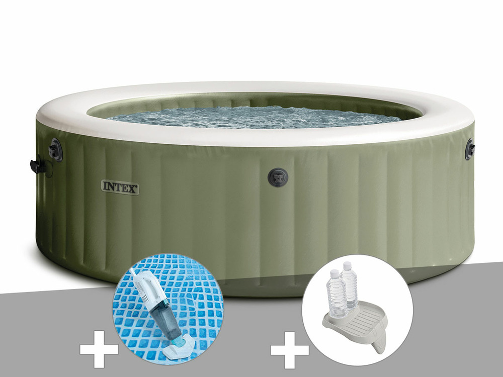 Kit spa gonflable purespa olive rond bulles 4 places + aspirateur + porte-verre