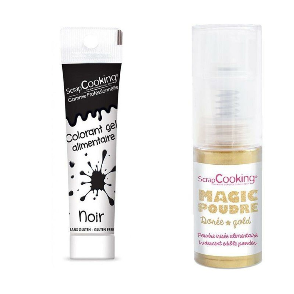 Gel colorant alimentaire noir + poudre irisée dorée