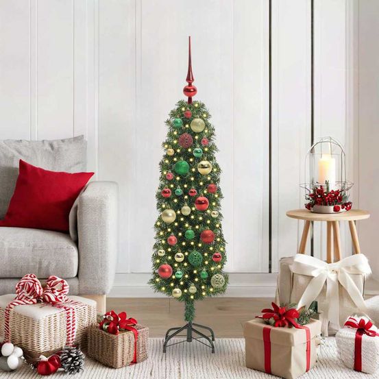 Sapin de noël artificiel 1m20, illuminé par 150 led et décoré de 61 boules vertes