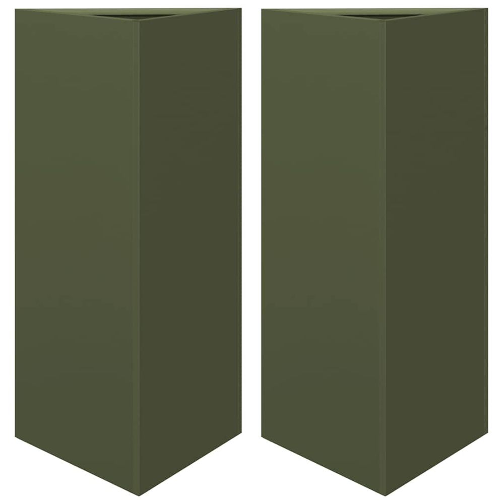 Jardinières 2 pcs vert olive triangulaire 40x34,5x75 cm acier