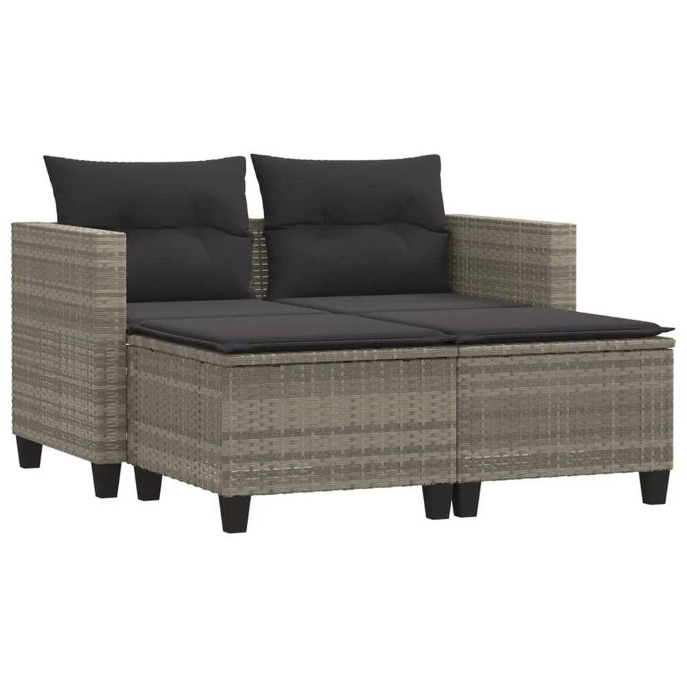 Canapé de jardin 2 places avec tabourets gris clair poly rotin