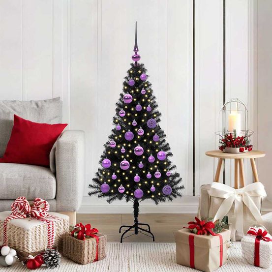 Sapin de noël noir design 120 cm lumineux, kit déco complet avec 150 led 8 modes et 61 boules pour ambiance festive