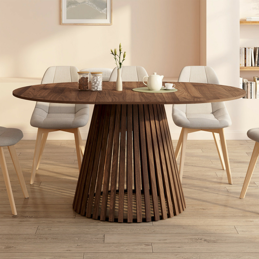 Table à manger extensible ronde carmen 4-8 personnes pied noyer en lattes et plateau noyer 110 - 150 cm