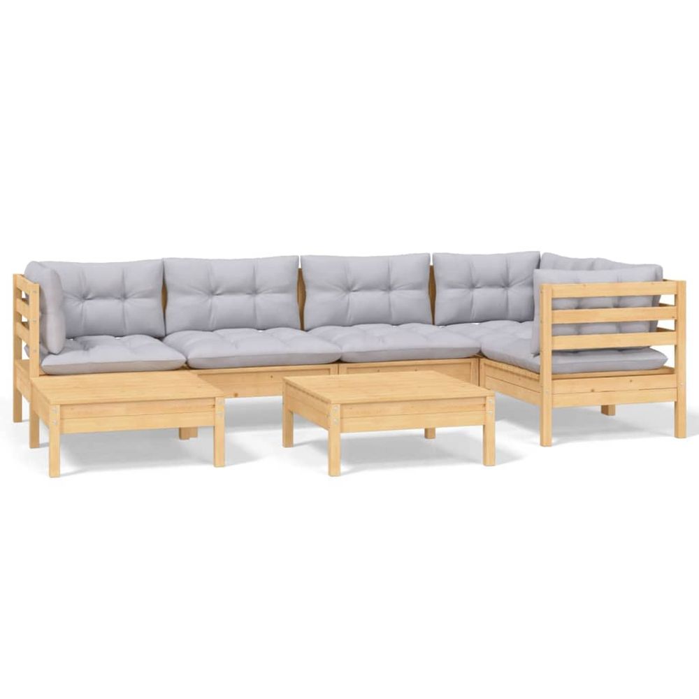 Salon de jardin 7 pcs avec coussins gris bois de pin massif