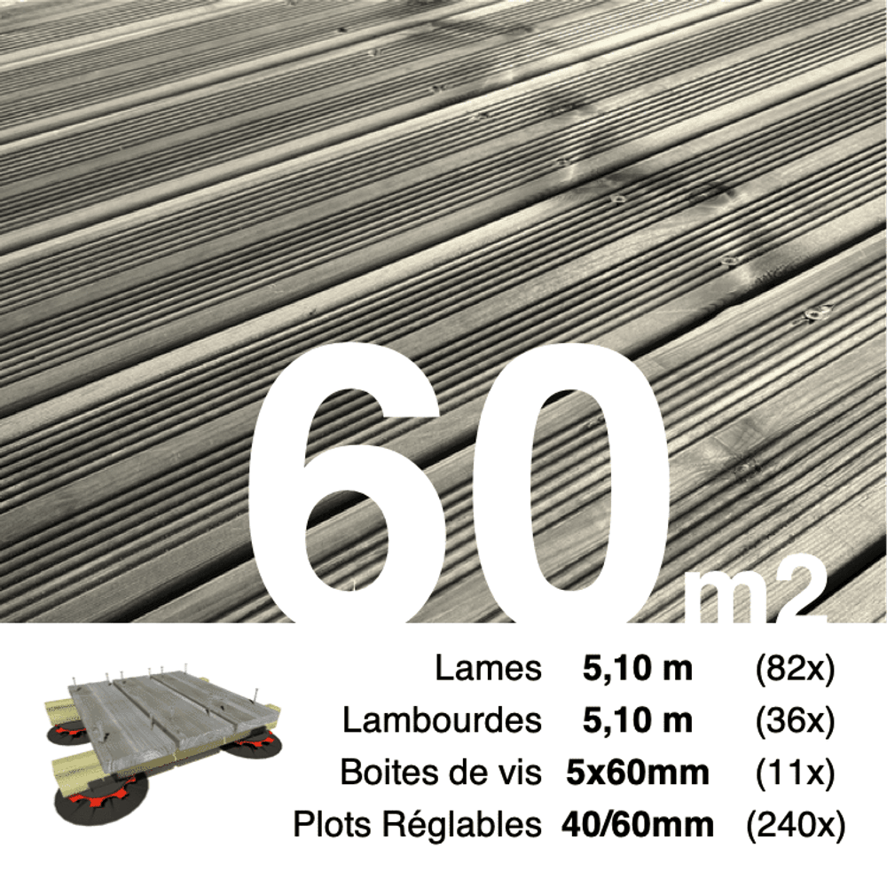 Kit complet terrasse pin autoclave gris pour 60 m², lames 5,1 m, lambourdes 5,1 m, plots réglables et visserie inox.