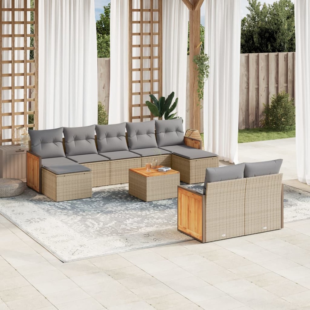 Salon de jardin avec coussins 10 pcs beige résine tressée