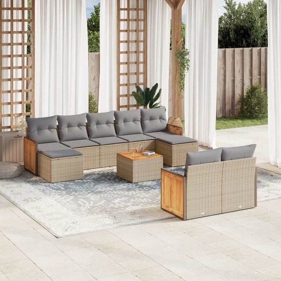 Salon de jardin avec coussins 10 pcs beige résine tressée