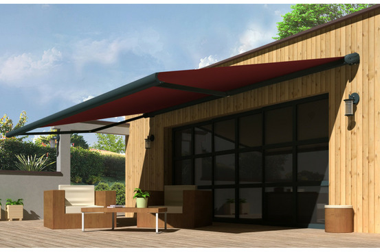 Store banne coffre intégral protect 2 smart gris anthracite 4,05x3,5m motorisé à télécommande + capteur vent - toile rouge