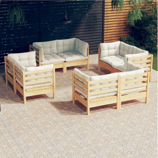 Salon de jardin 8 pcs avec coussins crème bois de pin