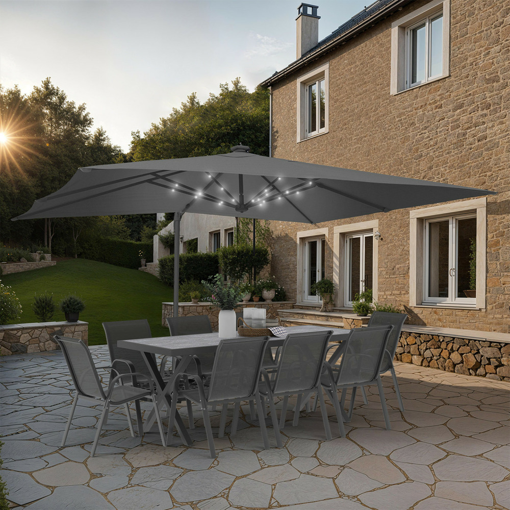 Parasol déporté inclinable rotatif 360 calvi led gris 3x4 m avec 4 dalles et housse