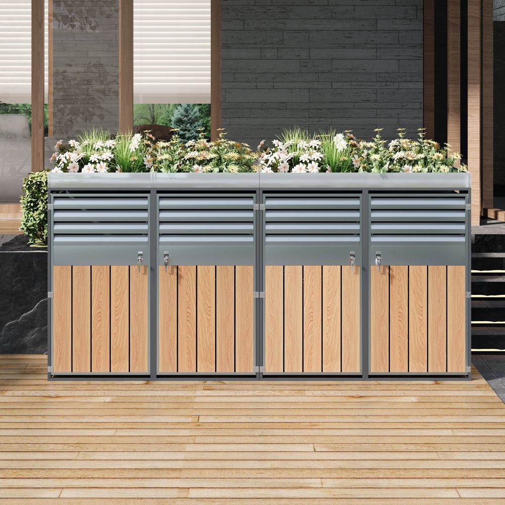 Cache-poubelle acier galvanisé jardin avec jardinière 4 portes verrouillable gris bois - comfortxl outdoor living