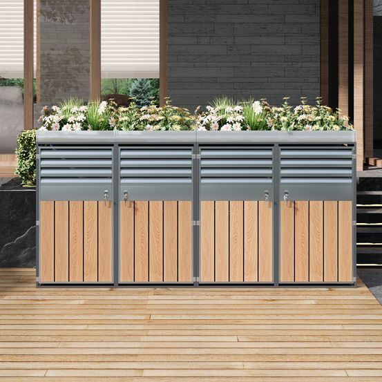 Cache-poubelle acier galvanisé jardin avec jardinière 4 portes verrouillable gris bois - comfortxl outdoor living