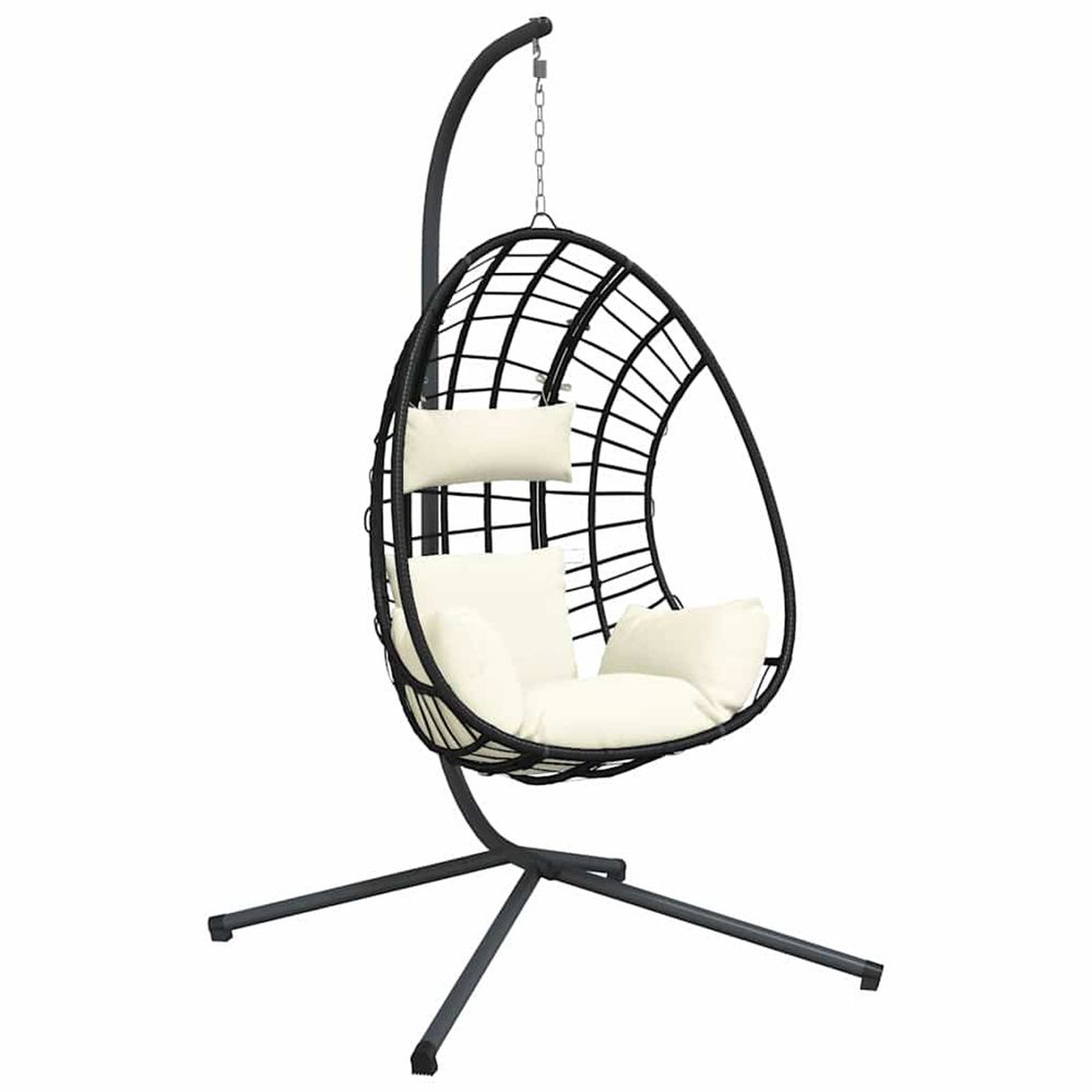 Chaise suspendue en forme d'œuf et support beige rotin et acier
