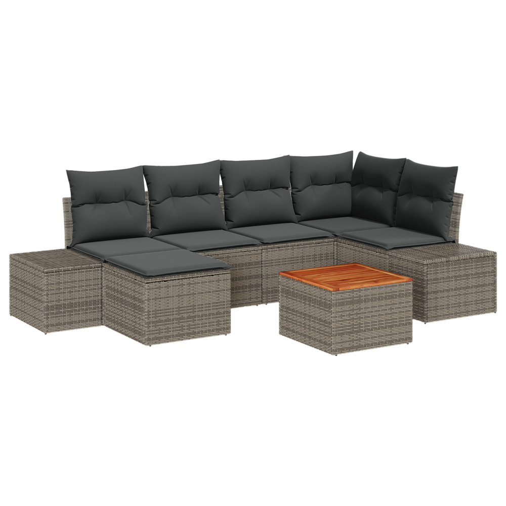 Ensemble de canapé de jardin de 7 pièces avec coussins gris rattan poly acacia