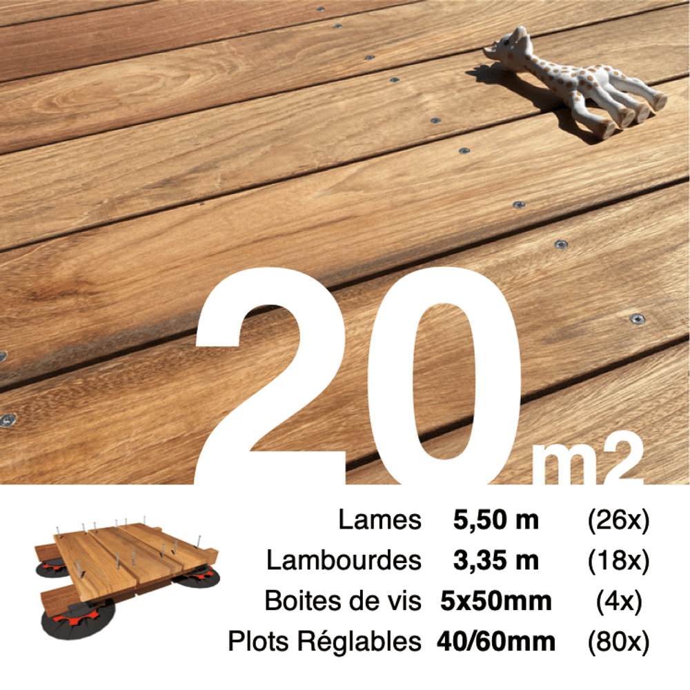 Kit complet terrasse bois exotique jatoba pour 20 m², lames 5,5 m, lambourdes 3,35 m, plots réglables et visserie inox.